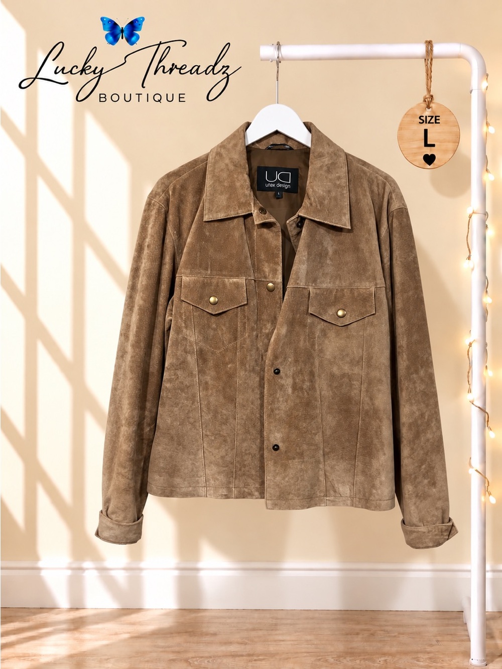 Utex Design Genuine Leather Suede Trucker Jacket Tan Western Women’s L